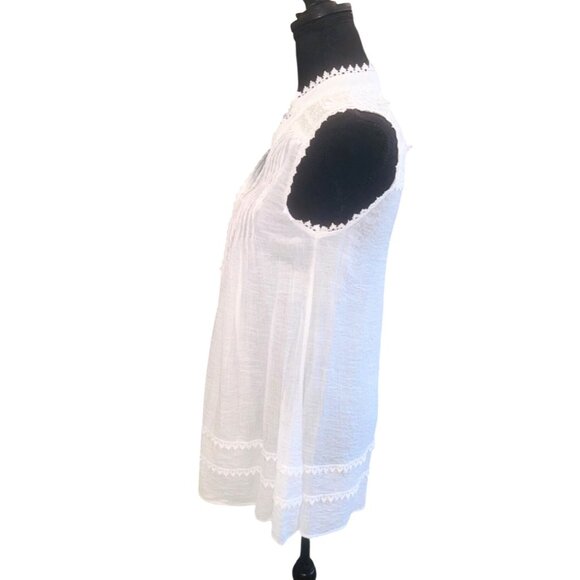 Anthropologie Blue Pepper Sleeveless White Boho Tunic Top Lace Mandarin Collar C - Picture 6 of 11